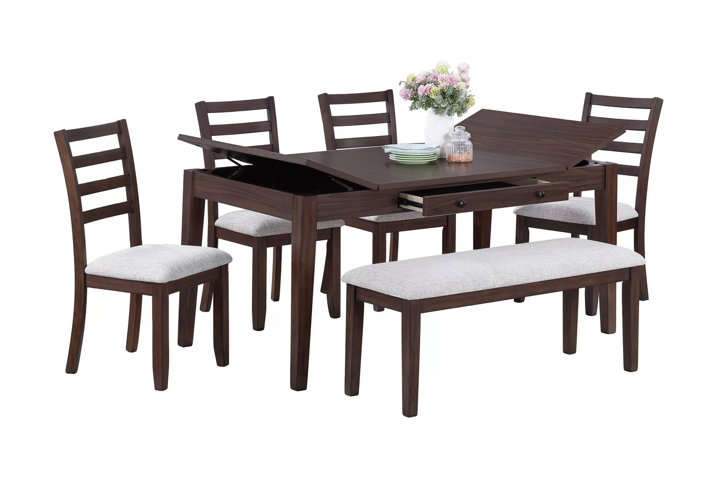 Casual Dining Table Set-Lift-Top Storage & Drawer (Table +4 Chairs + Bench)