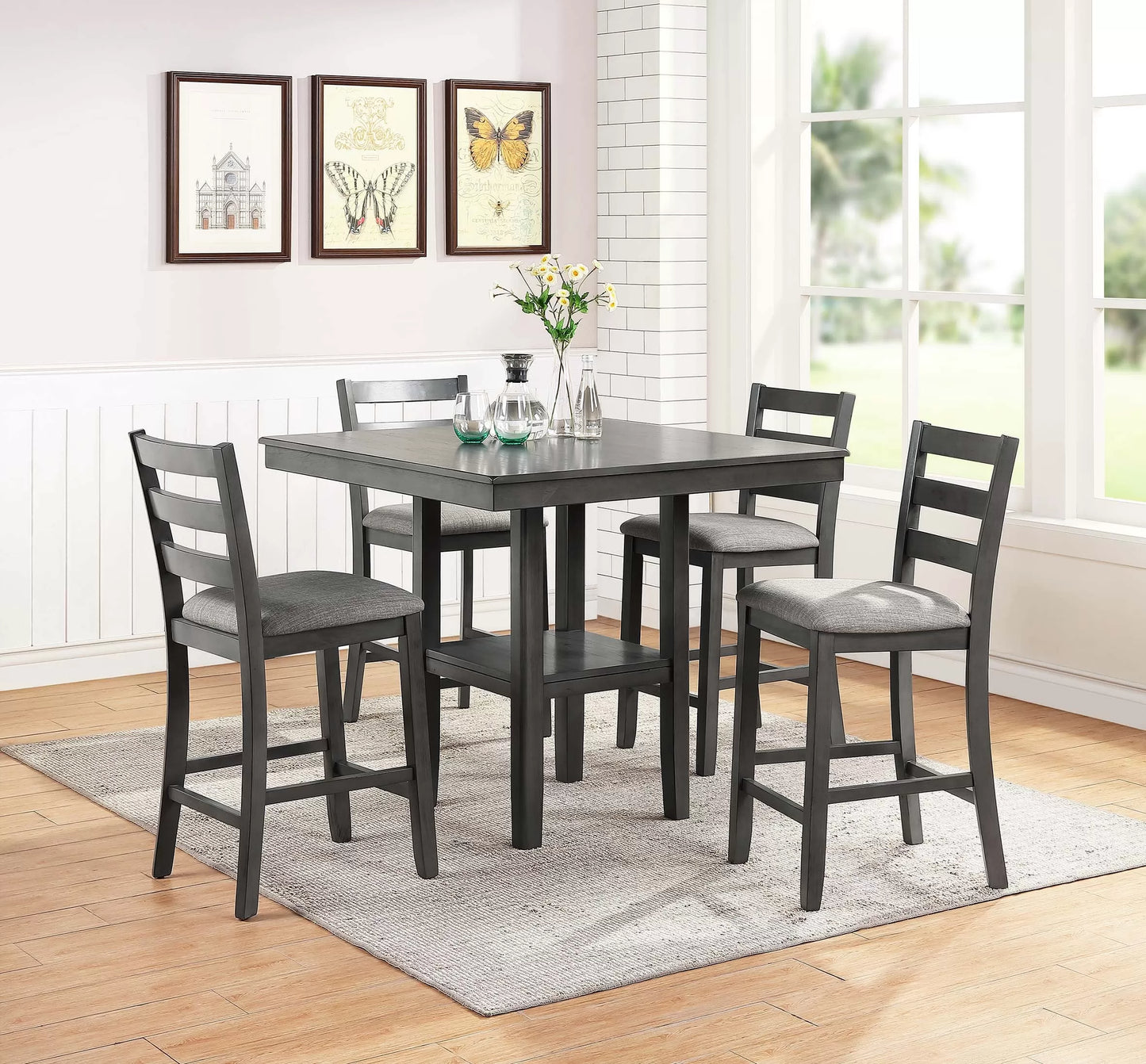 5-Pcs Counter Height Dining Set (Table W/Under-Table Shelf + 4 Chairs)