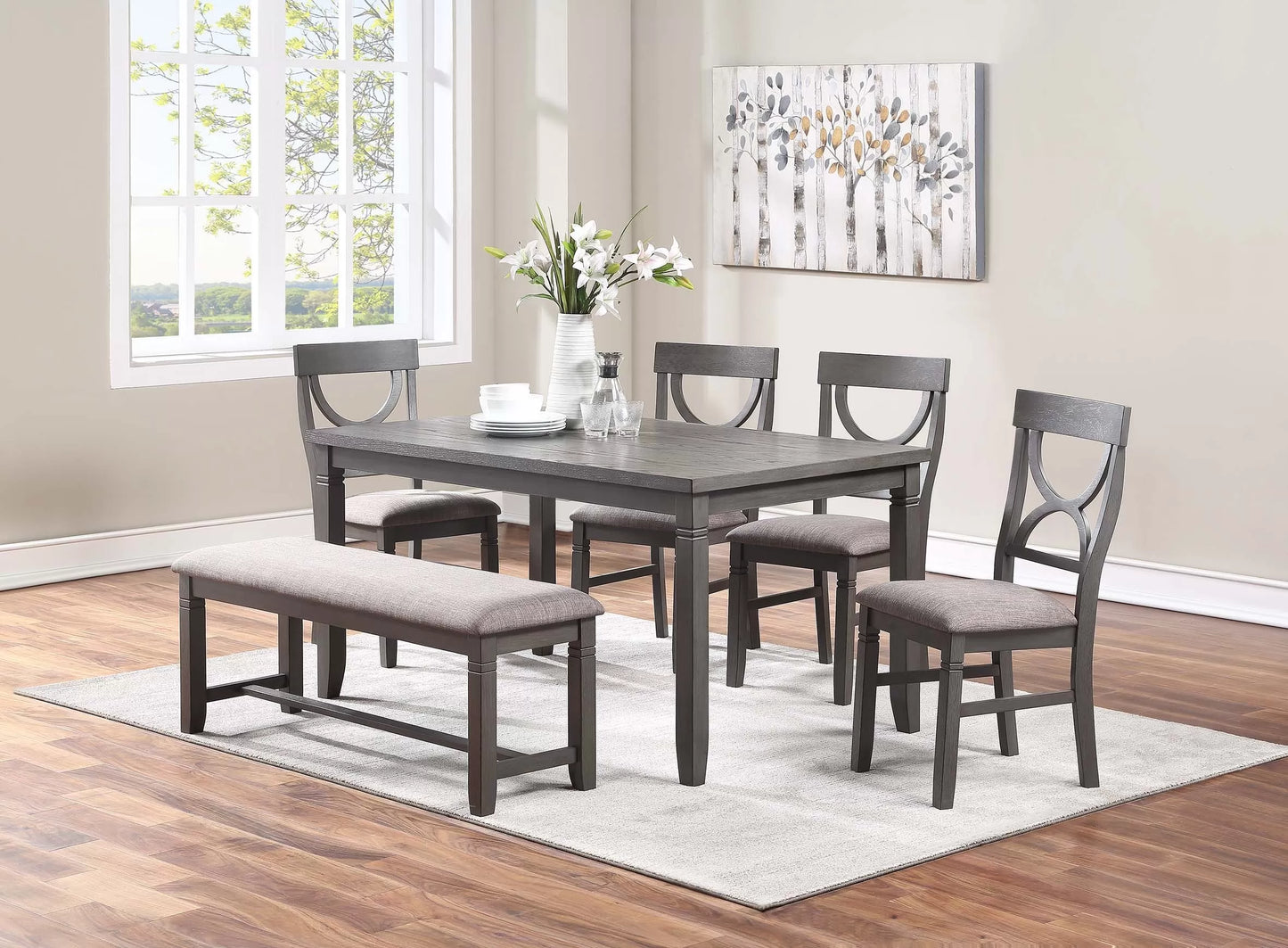 6-Pc Dining Set (Table + 4 Chairs + Bench)
