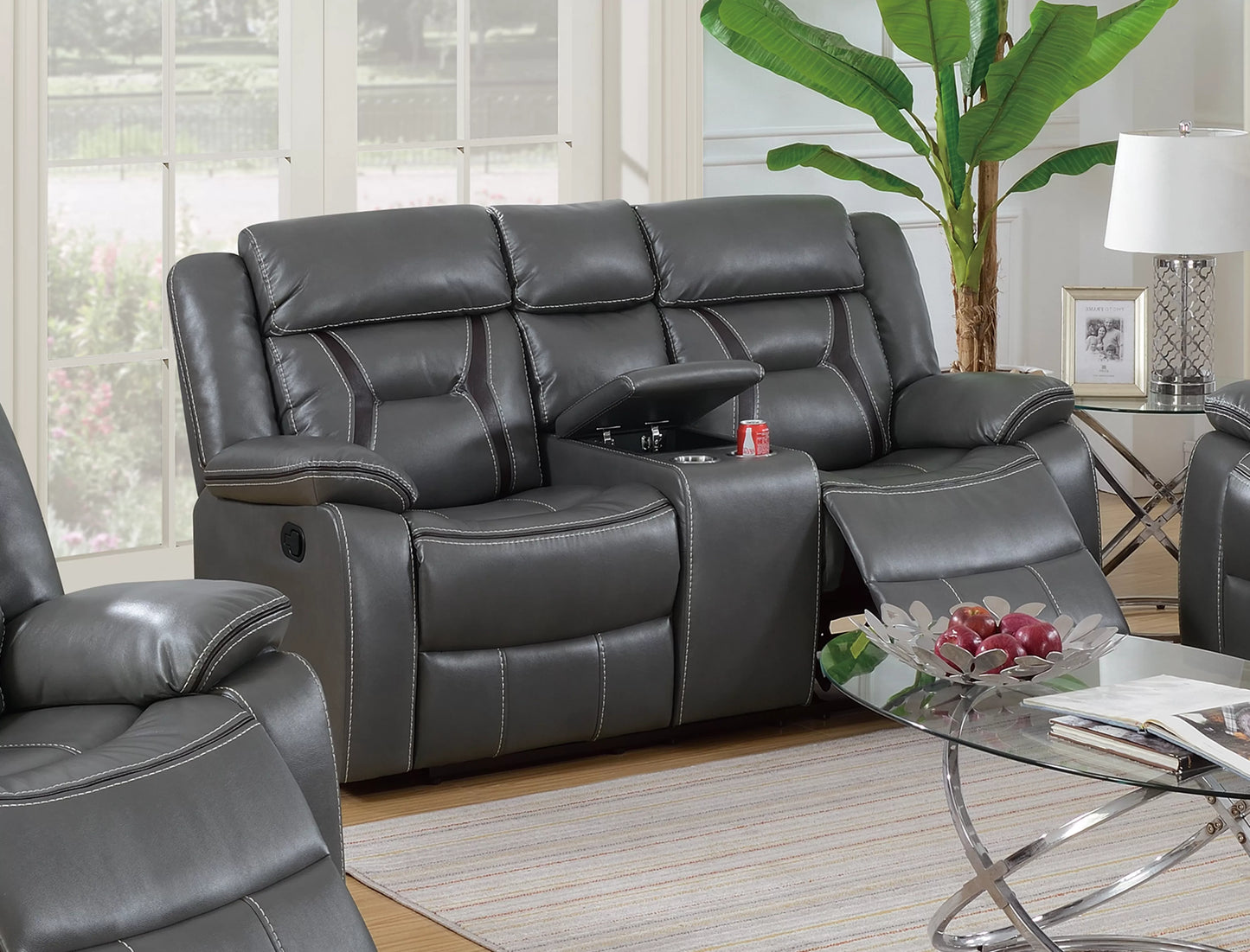 Recliner Loveseat, Dark Brown, Gray, Gel Leatherette