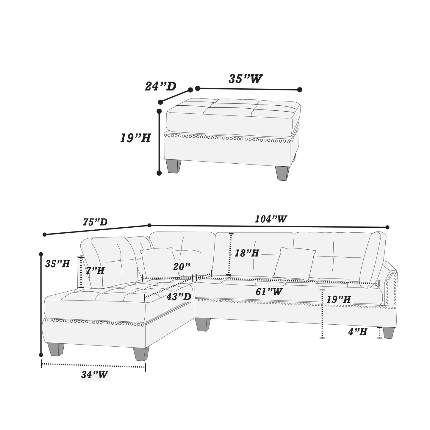 3-Pieces Reversible Sectional Sofa Set
