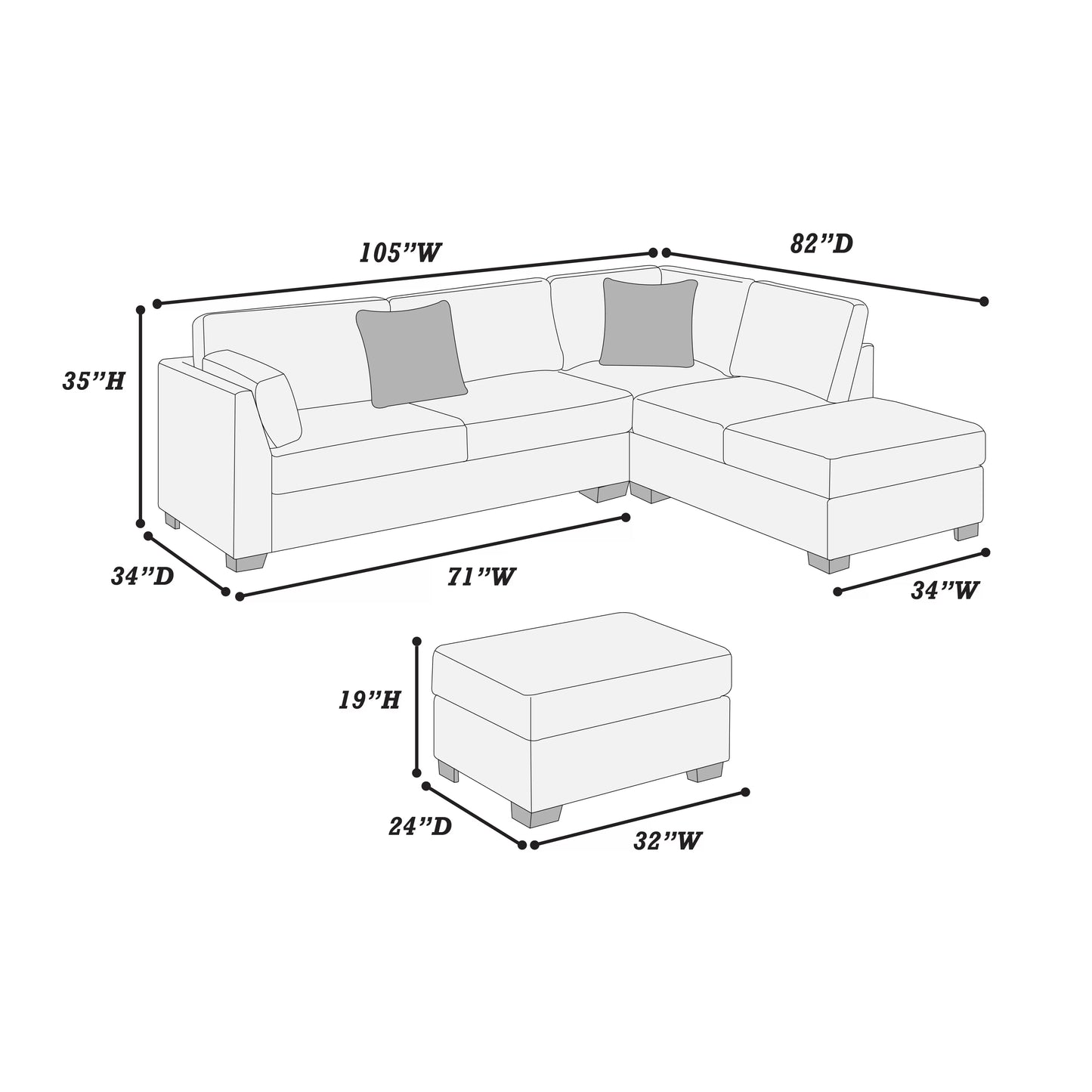 3-Pieces Reversible Sectional Sofa Set