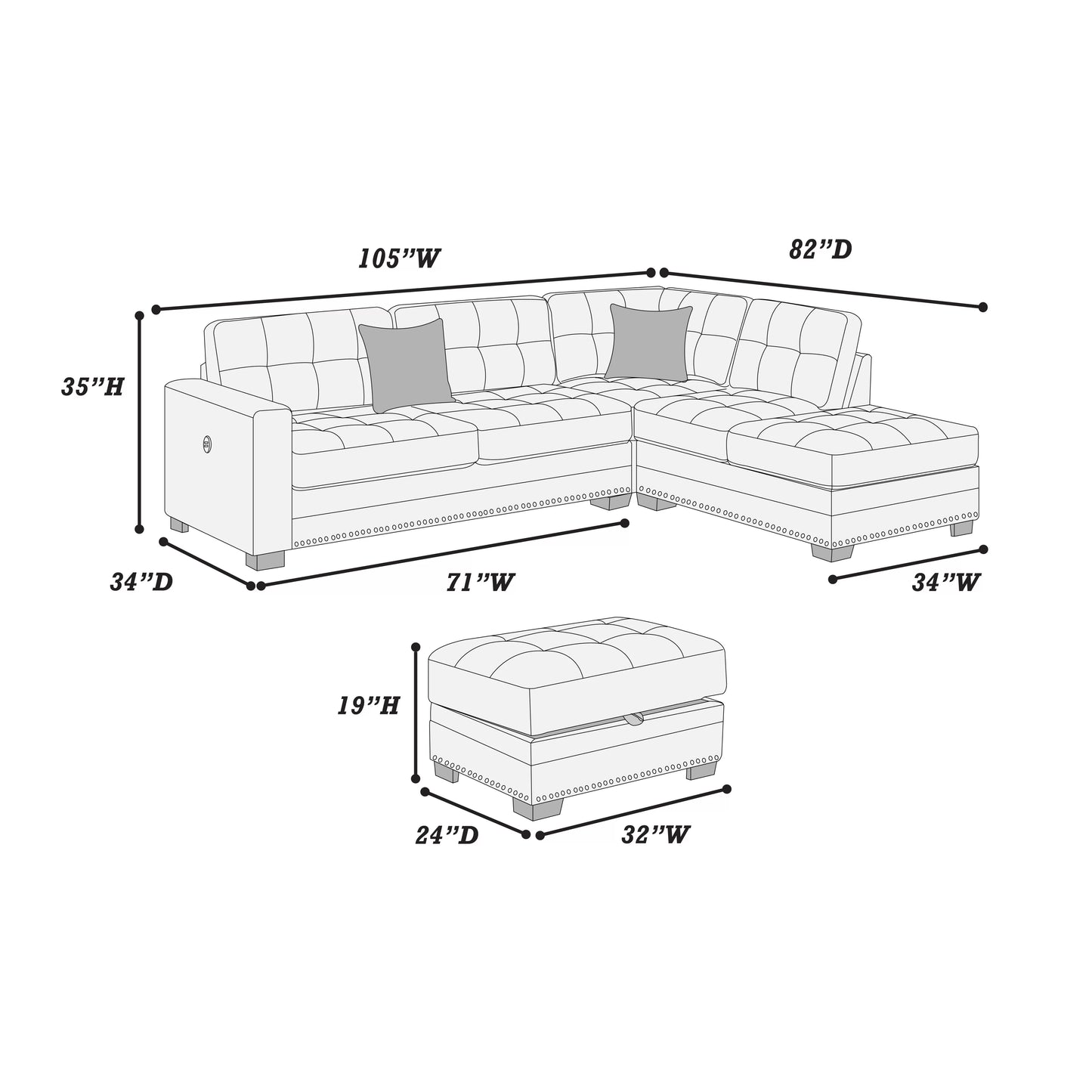 3-Pieces Reversible Sectional Sofa Set
