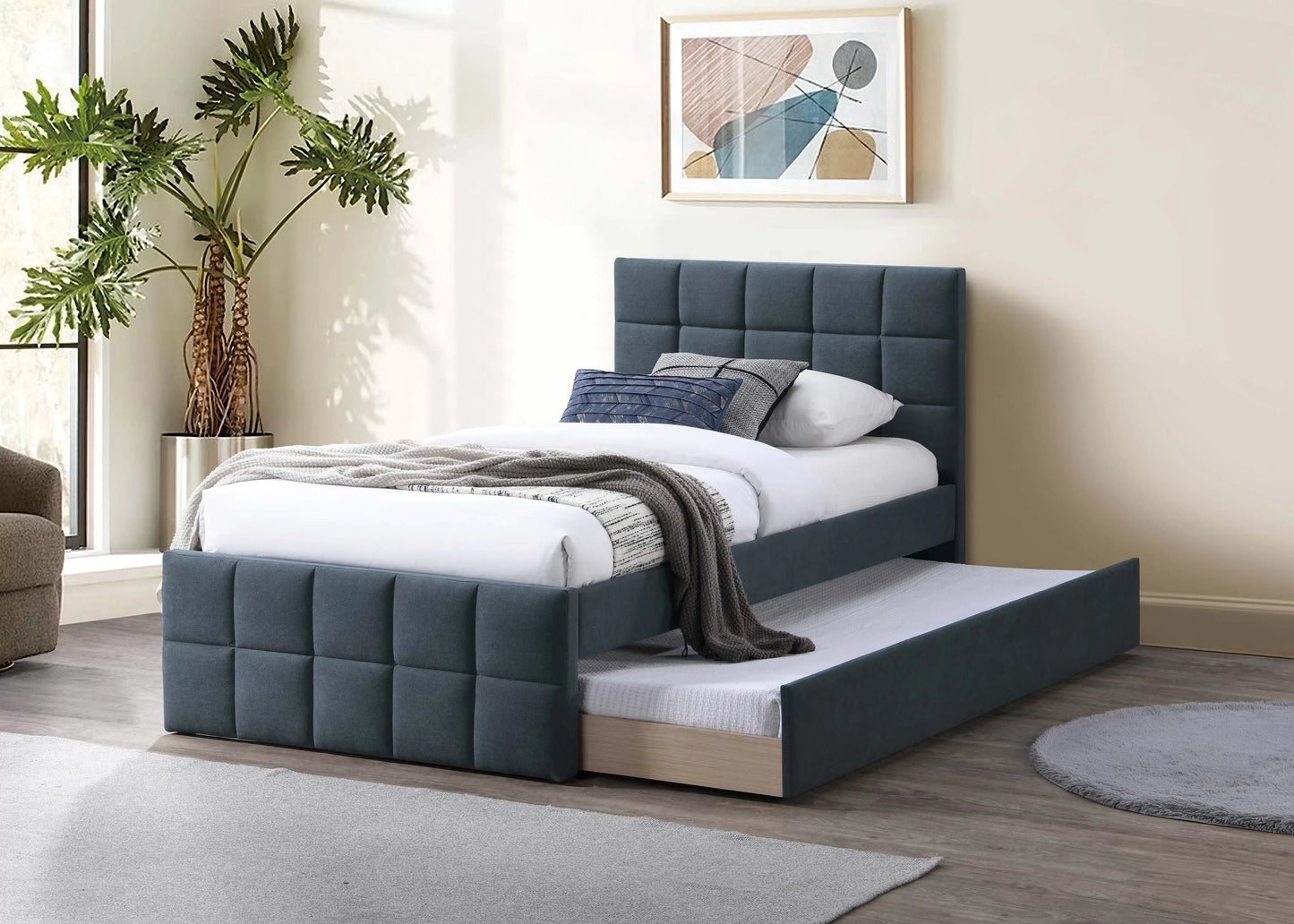 Twin/Full Size Bed, Brushed Linen Fabric With Trundle