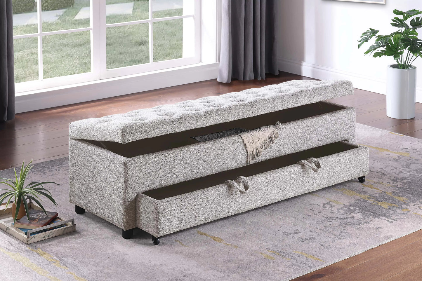 Storage Ottoman With Underseat Drawer, Boucle