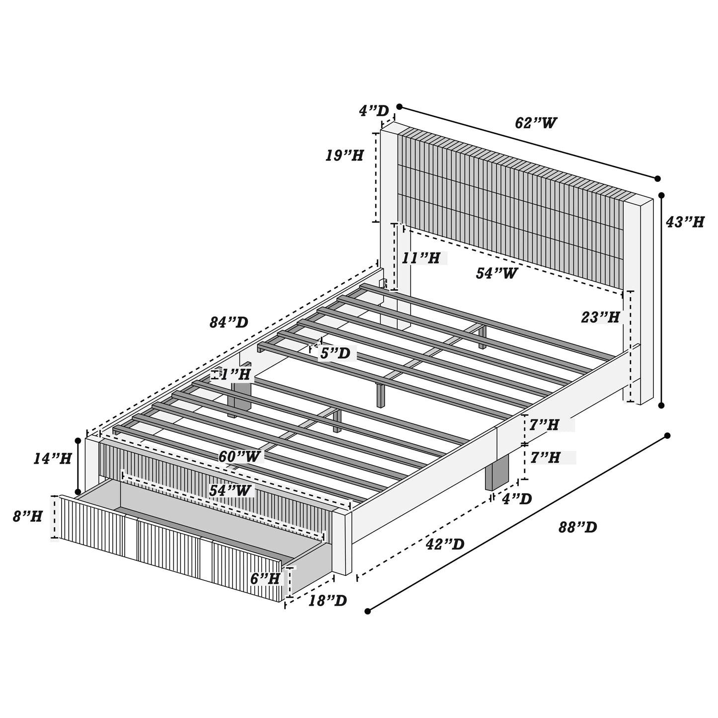 Full/Queen Size Bed, Corduroy and Storage Drawers