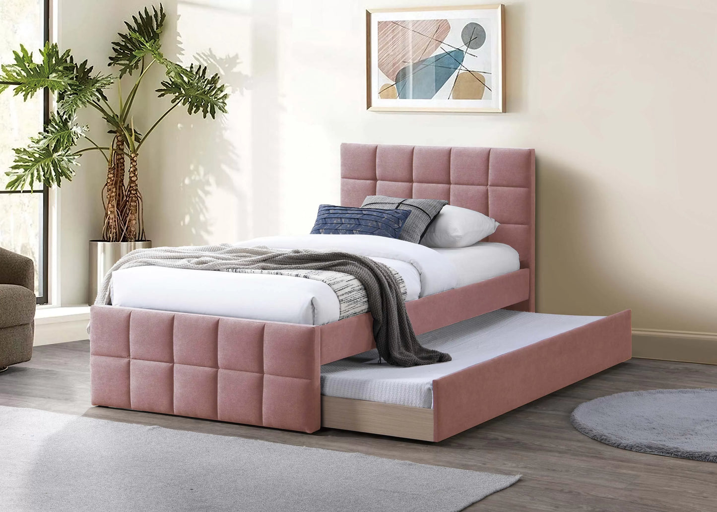 Twin/Full Size Bed, Brushed Linen Fabric With Trundle