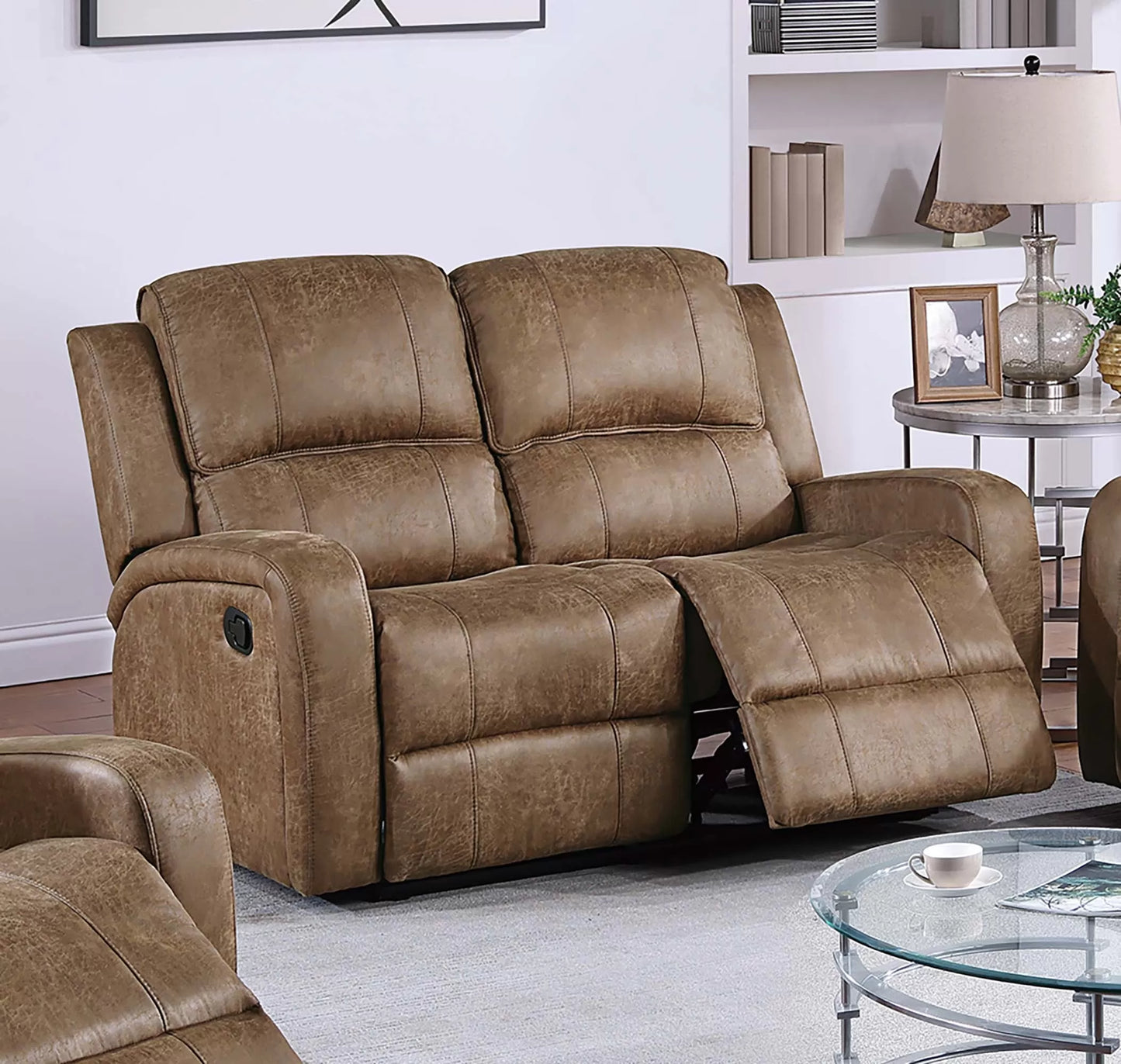 Recliner Loveseat, Smoke-Chestnut, Leather-Like Fabric