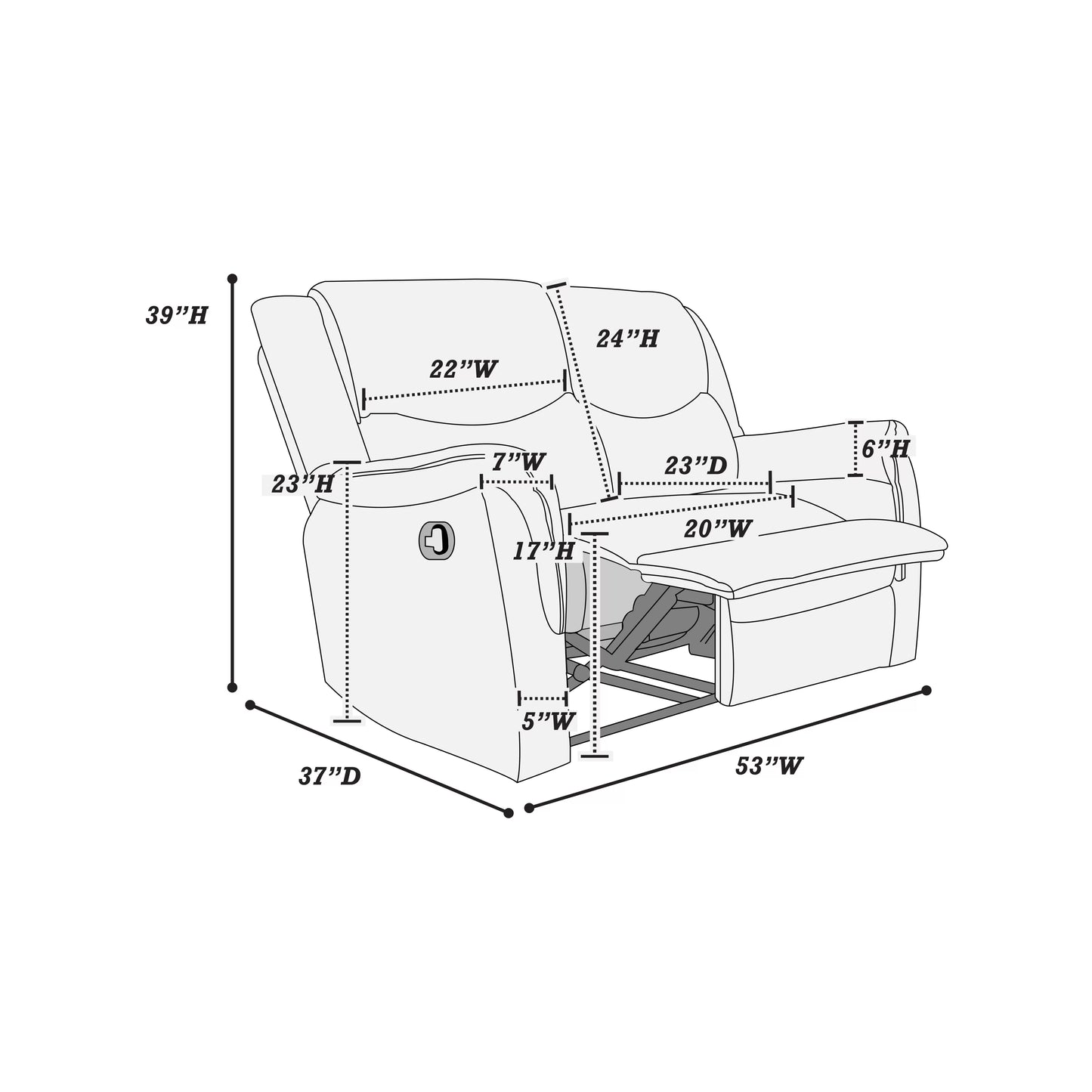 Recliner Loveseat, Dark Gray-Sincere Bones, Burlap-Like Fabric