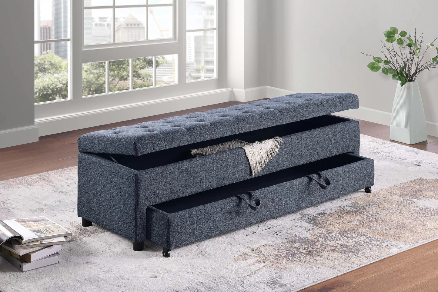 Storage Ottoman With Underseat Drawer, Boucle