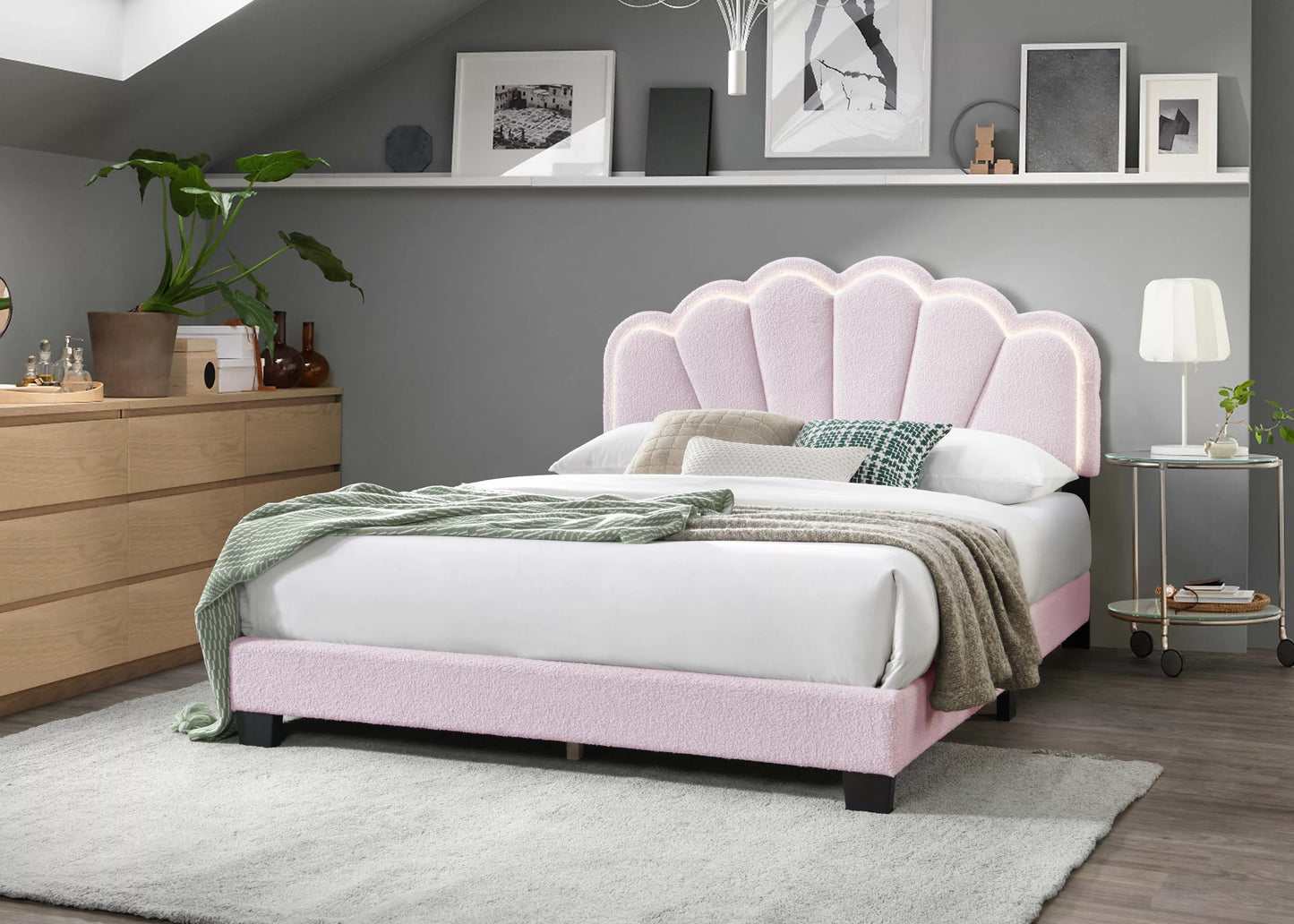 Twin/Full Size bed with Built-In LED Lights, Wool Fabric