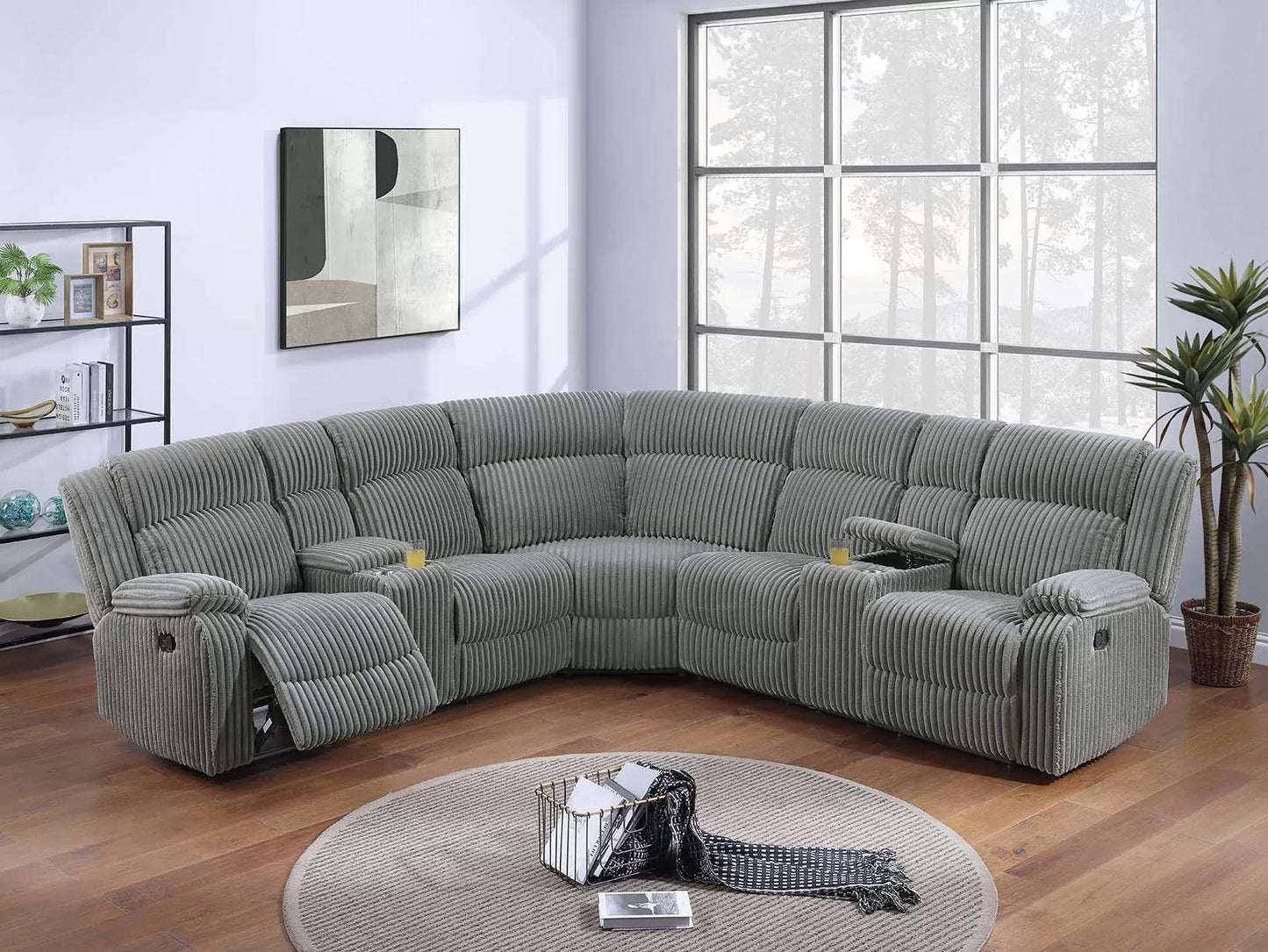 Motion Sectional, Ash, Smoke, Fur-Like Corduroy