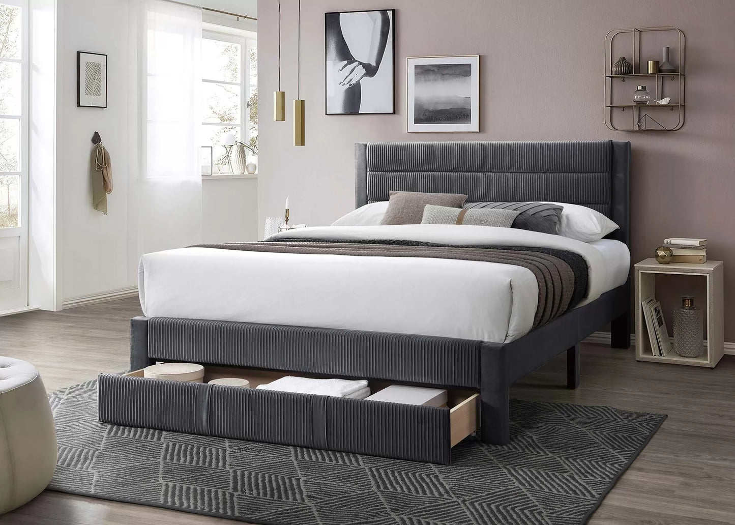 Full/Queen Size Bed, Corduroy and Storage Drawers