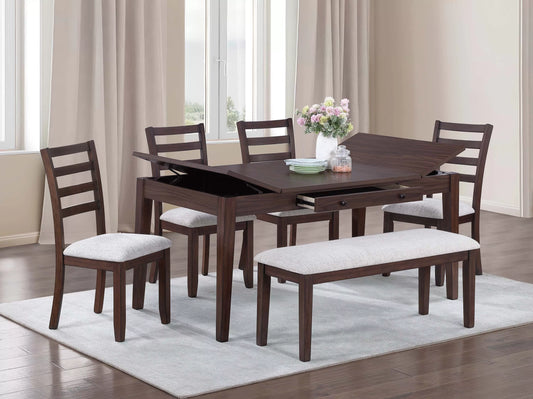 Casual Dining Table Set-Lift-Top Storage & Drawer (Table +4 Chairs + Bench)