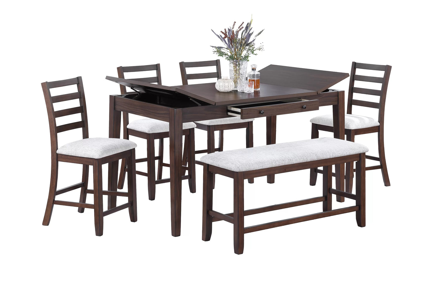 Casual Counter Height Table Set-Lift-Top Storage & Drawer (Table + 4 Chairs + Bench)