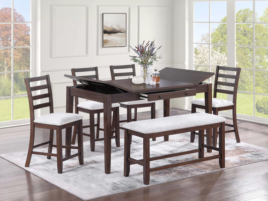 Casual Counter Height Table Set-Lift-Top Storage & Drawer (Table + 4 Chairs + Bench)