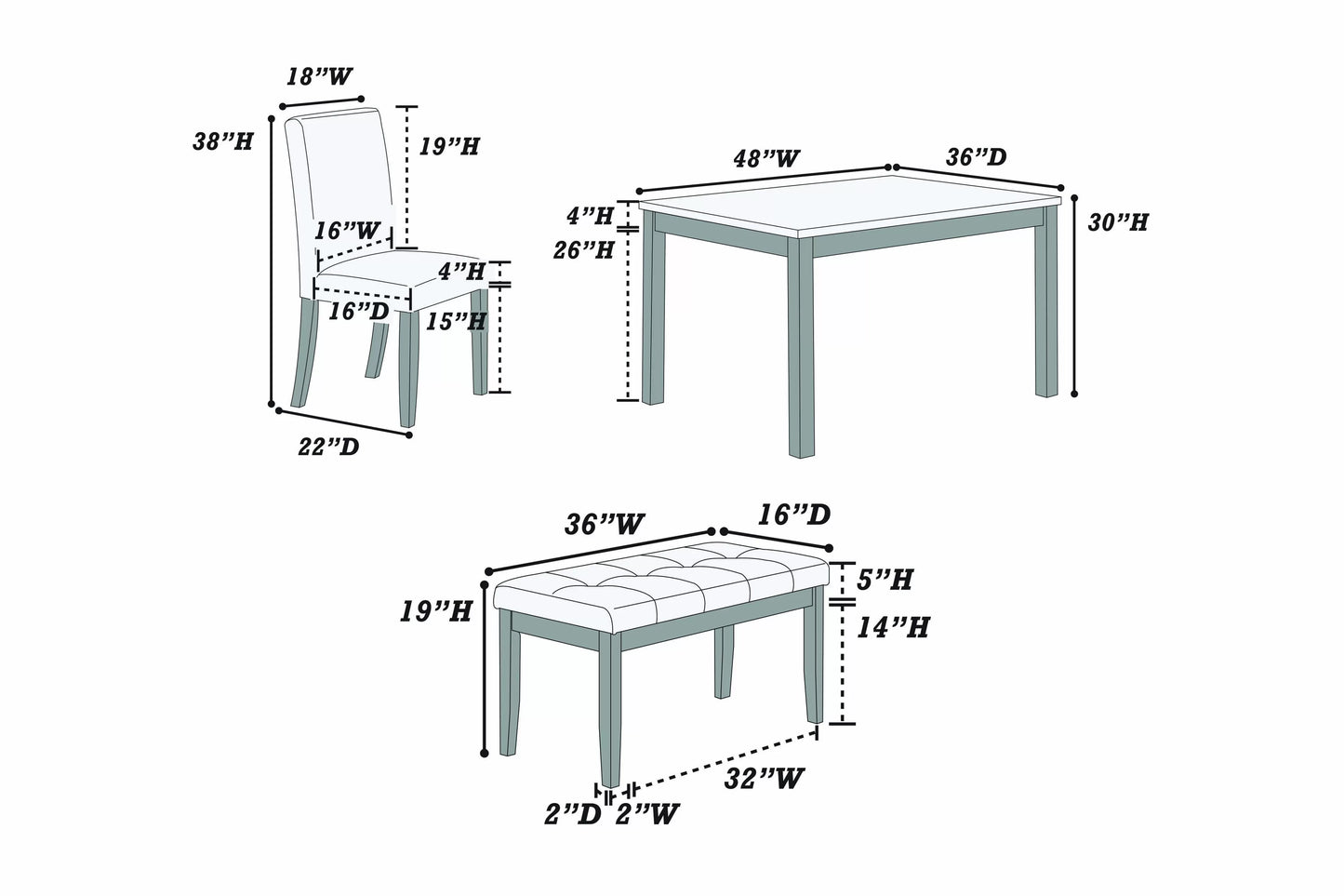 5-Pcs Dining Set (Table + 3 Chairs +Bench)