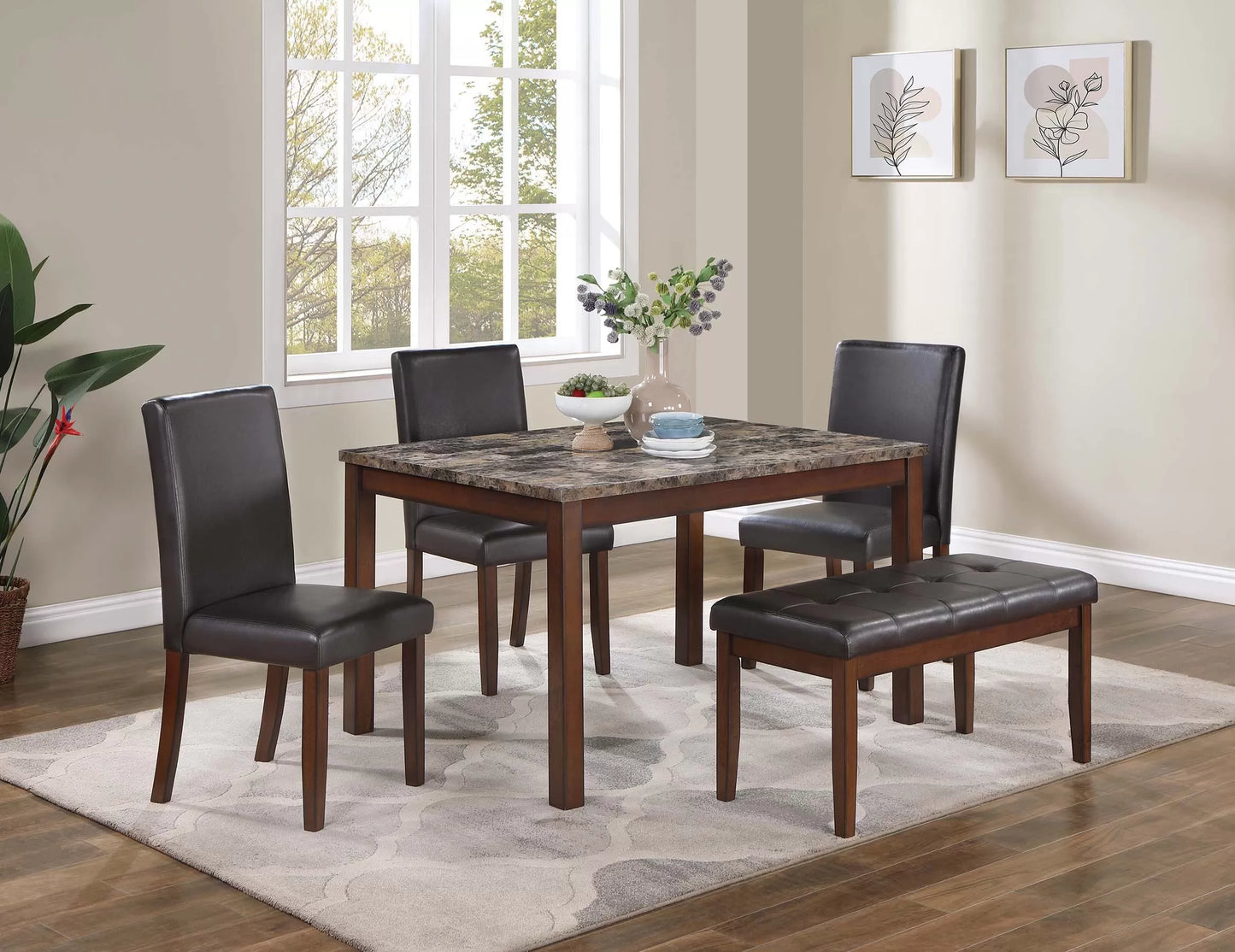 5-Pcs Dining Set (Table + 3 Chairs +Bench)
