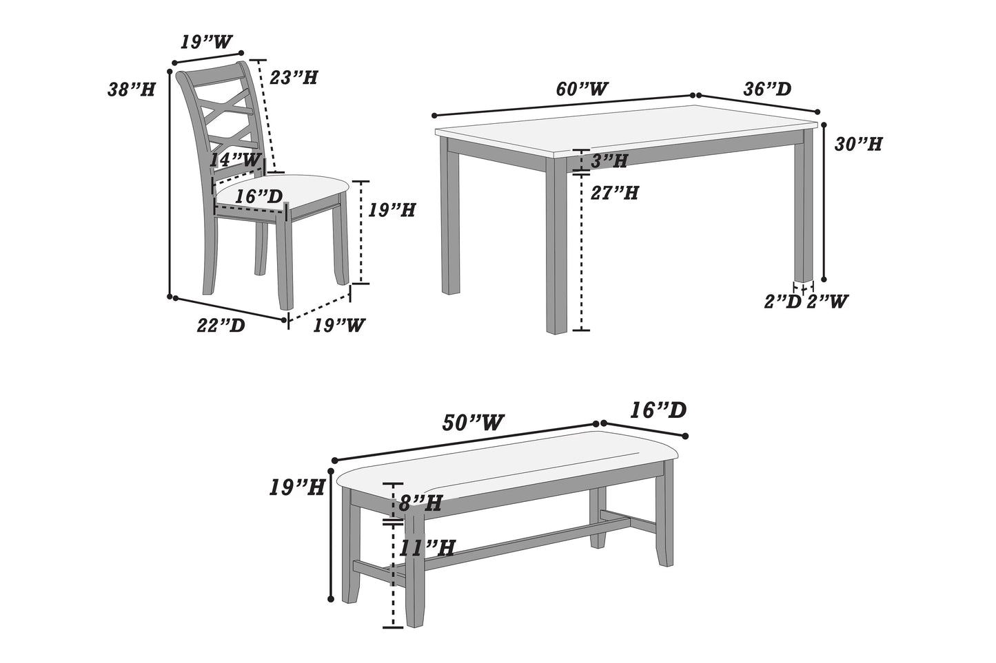 6-Pcs Dining Set (Table + 4 Chairs + Bench)
