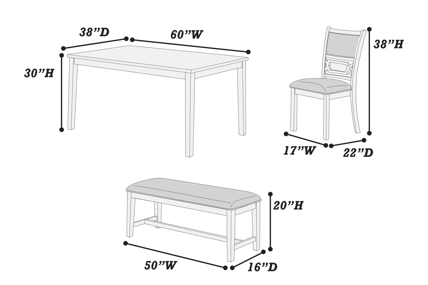 6-Pcs Dining Set Table + 4 Chairs + Bench)