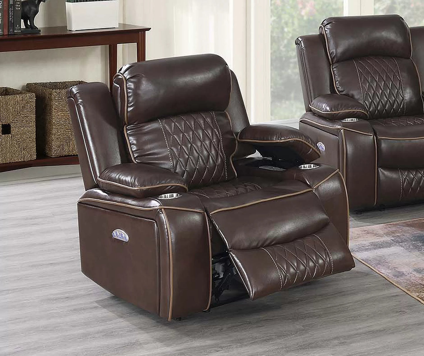 Single Recliner, Brown, Charcoal, Gel Leatherette, Power Mechanism & Usb Charger