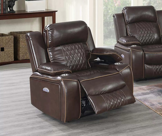 Single Recliner, Brown, Charcoal, Gel Leatherette, Power Mechanism & Usb Charger