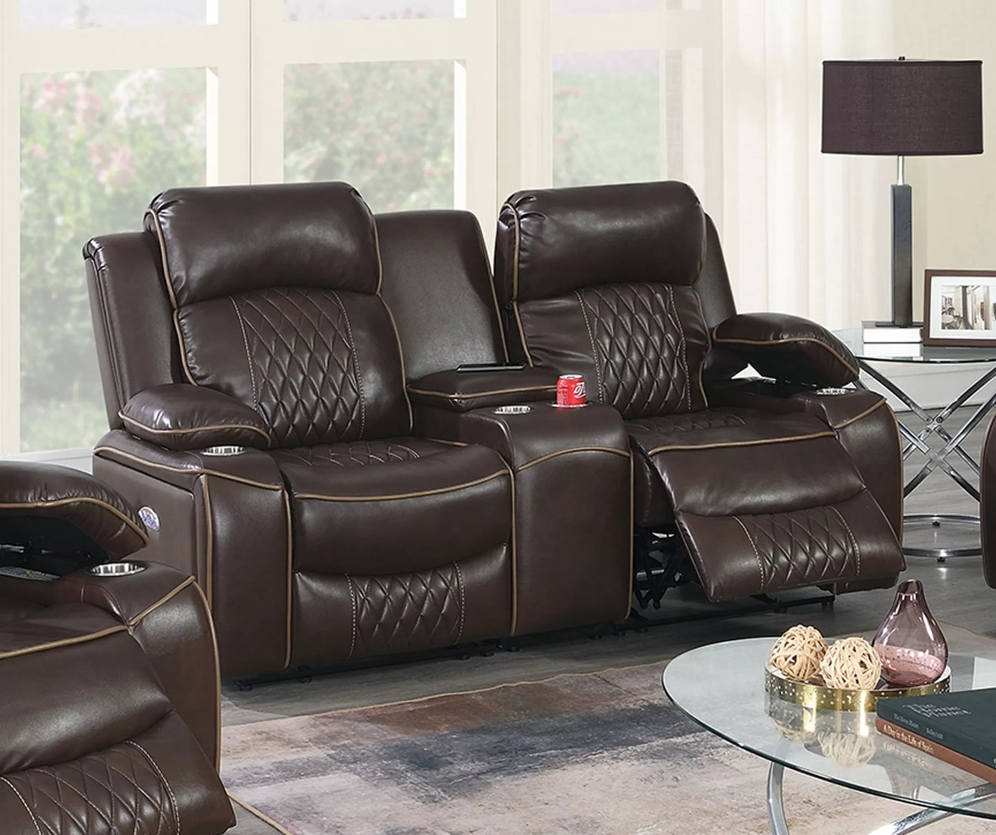 Recliner Loveseat, Brown, Charcoal, Gel Leatherette, Power Mechanism & Usb Charger