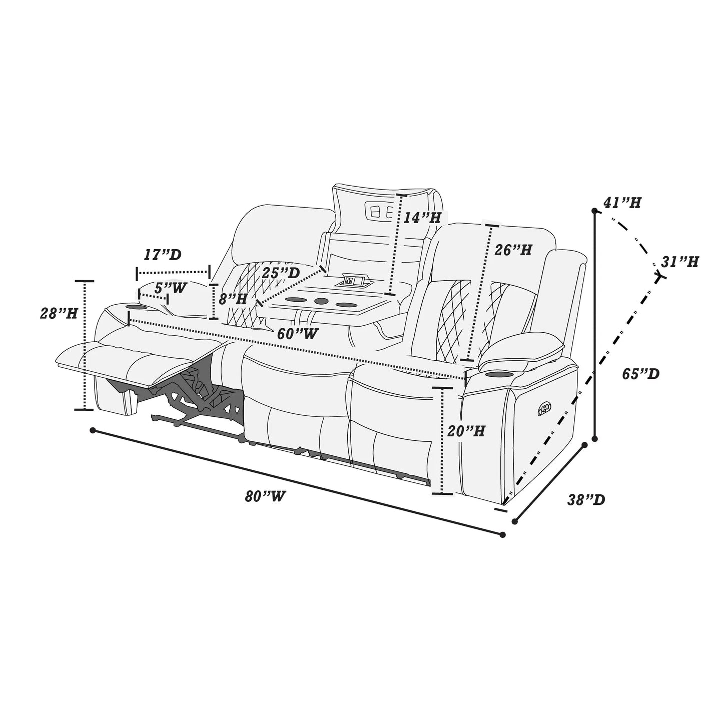 Sofa, Brown, Charcoal, Gel Leatherette, Power Mechanism & Usb Charger