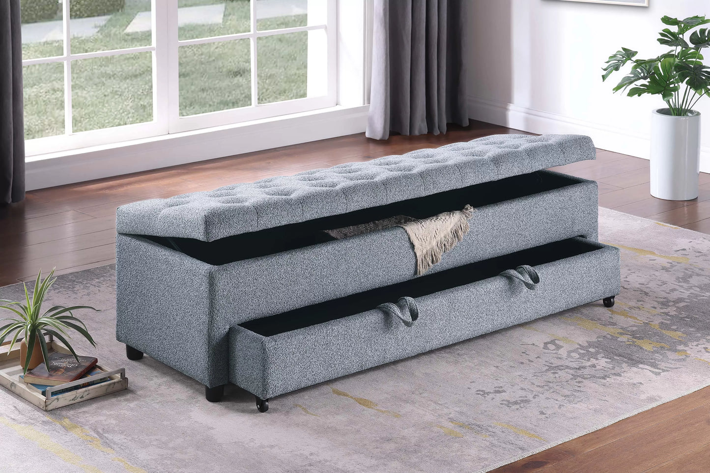 Storage Ottoman With Underseat Drawer, Boucle
