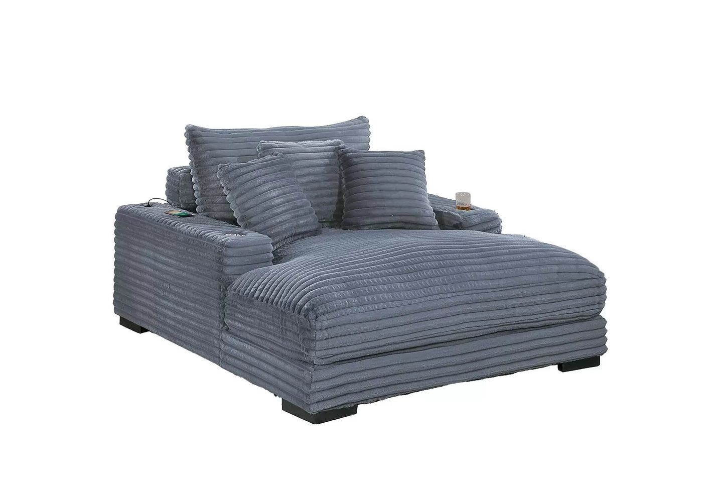 Chaise Lounge With 2 cup Holders & USB Ports, Fur-Like Jumbo Corduroy