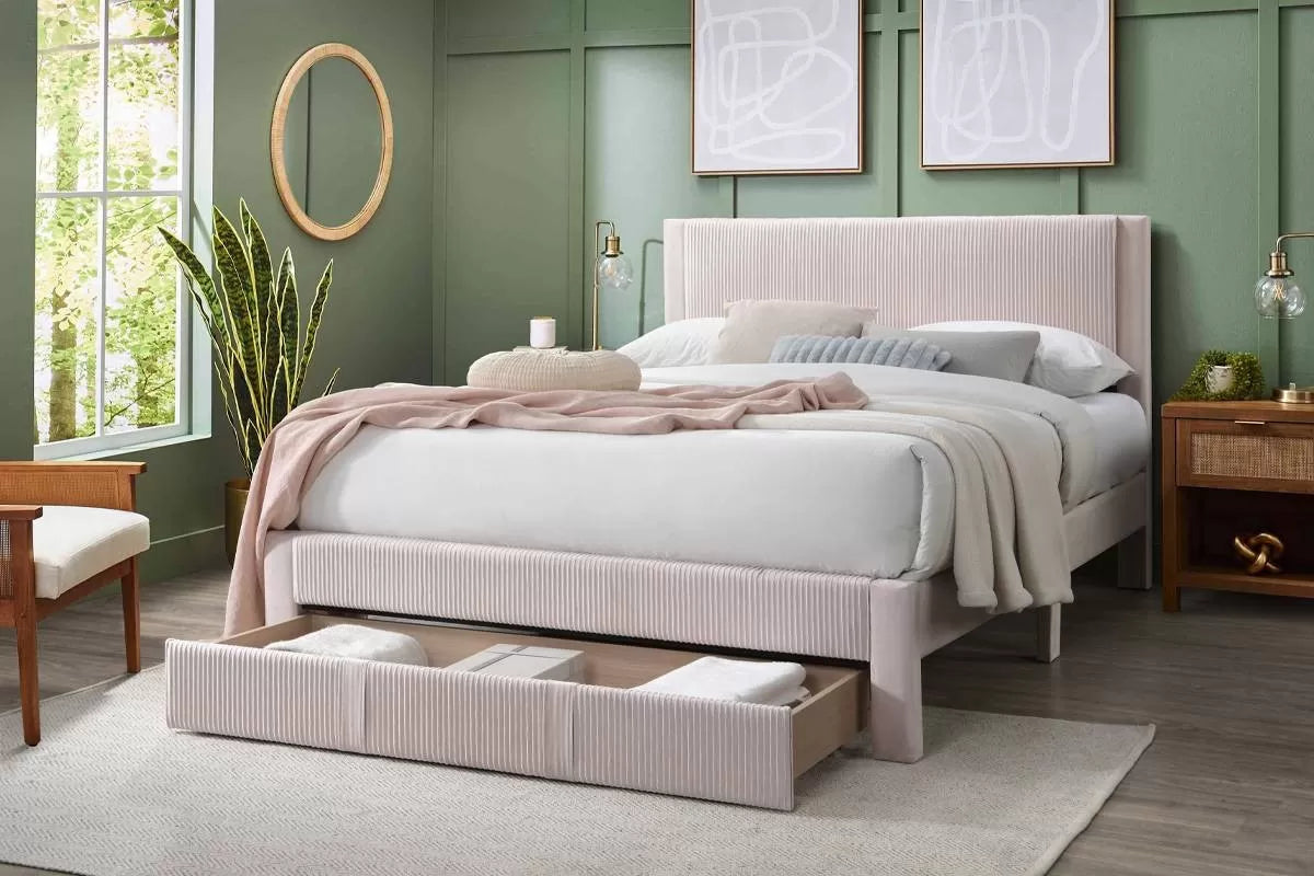 Full/Queen Size Bed, Corduroy and Storage Drawers