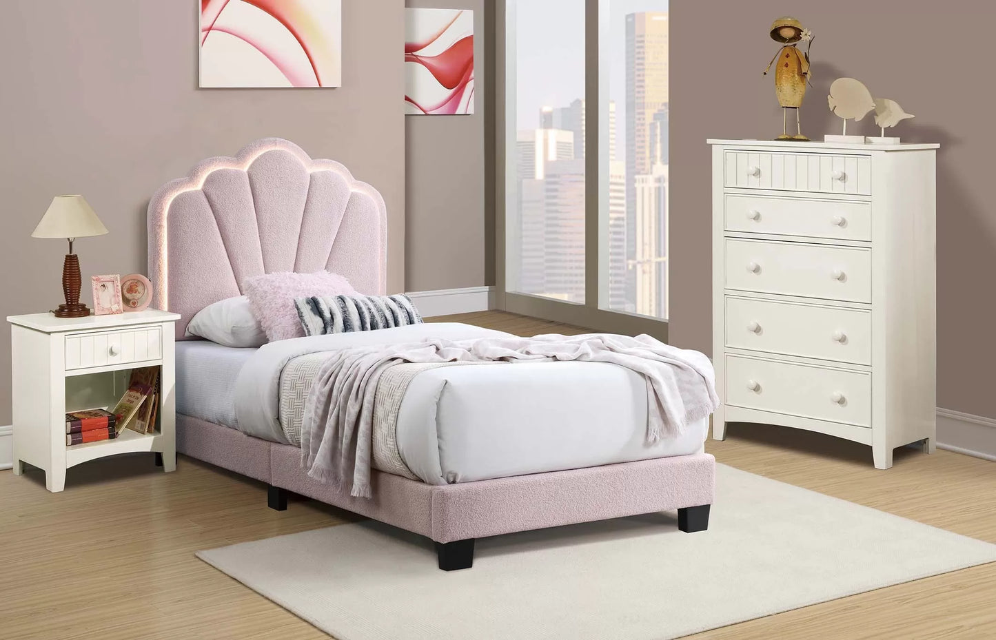 Twin/Full Size bed with Built-In LED Lights, Wool Fabric