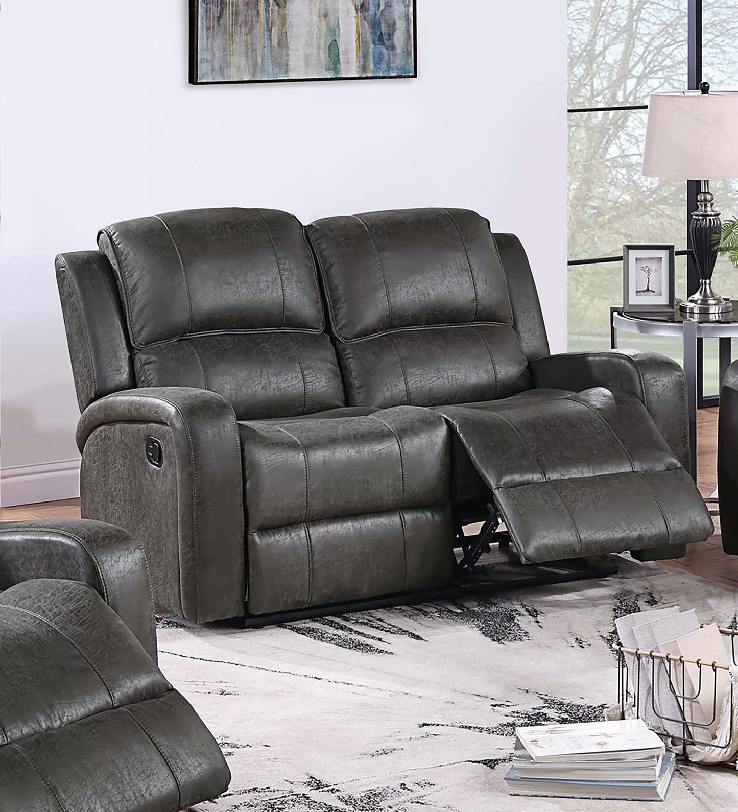 Recliner Loveseat, Smoke-Chestnut, Leather-Like Fabric